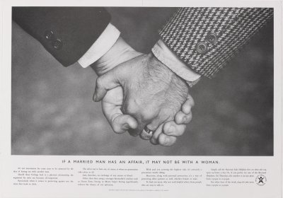 Poster (b&w), ''If a married man has an affair, it may not be with a woman', Image of two clasped male hands. Awareness of safer sex, HIV and AIDS Produced by the Health Education Authority, England, 1994/1995 