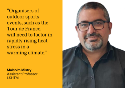 Malcolm Mistry quote card: Organisers of outdoor sports events, such as the Tour de France, will need to factor in rapidly rising heat stress in a warming climate.