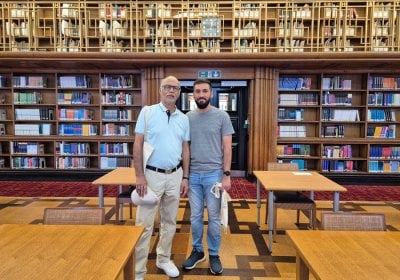 Dr Mohamed Sheriff and Dr Jehangir Sheriff in LSHTM library as part of their visit to LSHTM in 2025