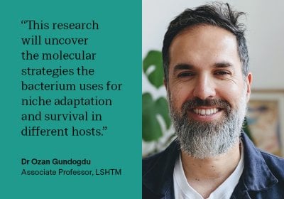 Quote saying: "This research will uncover the molecular strategies the bacterium uses for niche adaptation and survival in different hosts." Ozan Gundgodu, Associate Professor, LSHTM