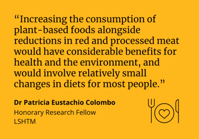 &quot;Increasing the consumption of plant-based foods alongside reductions in red and processed meat would have considerable benefits for health and the environment, and would involve relatively small changes in diets for most people.&quot; Dr Patricia Eustachio Colombo, Honorary Research Fellow, LSHTM