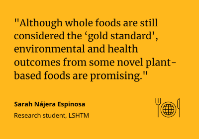 Sarah Najera Espinosa quote card &quot;Although whole foods are still considered the ‘gold standard’, environmental and health outcomes from some novel plant-based foods are promising.&quot;