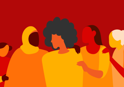 A digital graphic containing 5 women form diverse background supporting each other 