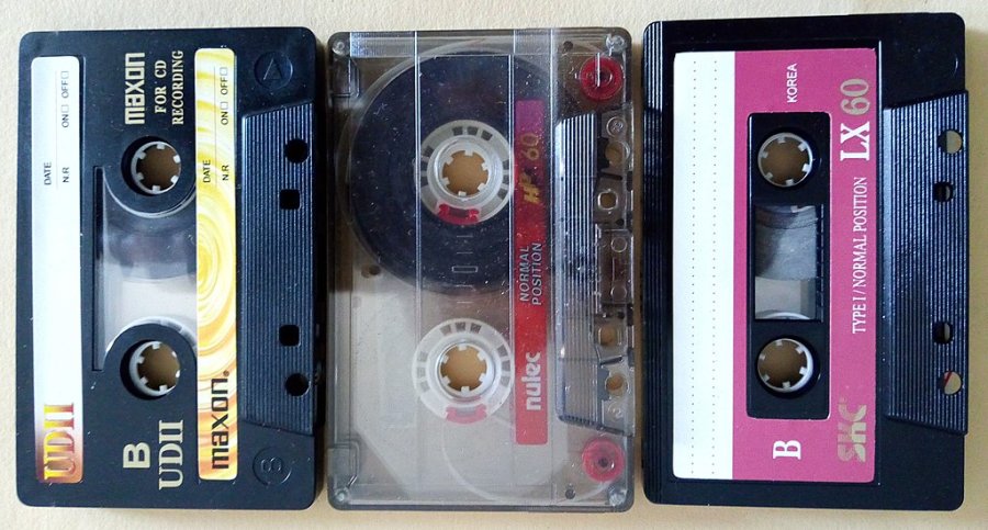 A collection of three cassette tapes. From Wikimedia Commons, the free media repository