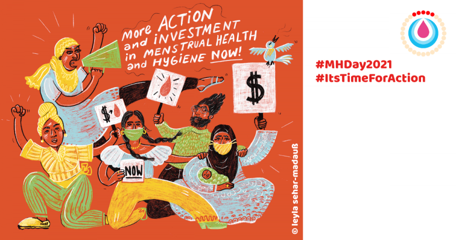 Illustrated image of a group of young men and women holding placards and campaigning for more action and investment in menstrual health now