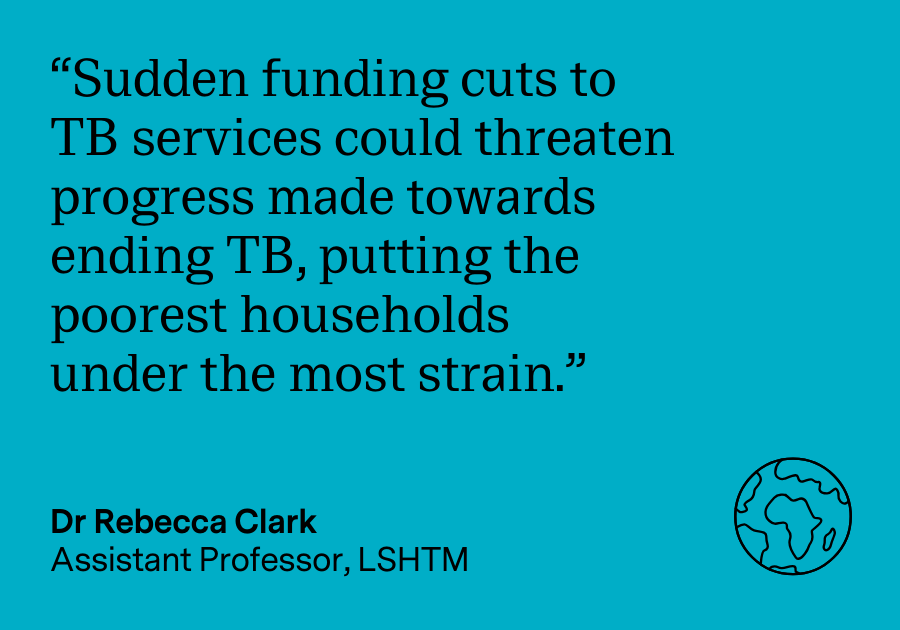 Quote from Rebecca Clark: "Sudden funding cuts to TB services could threaten progress made towards ending TB, putting the poorest households under the most strain."