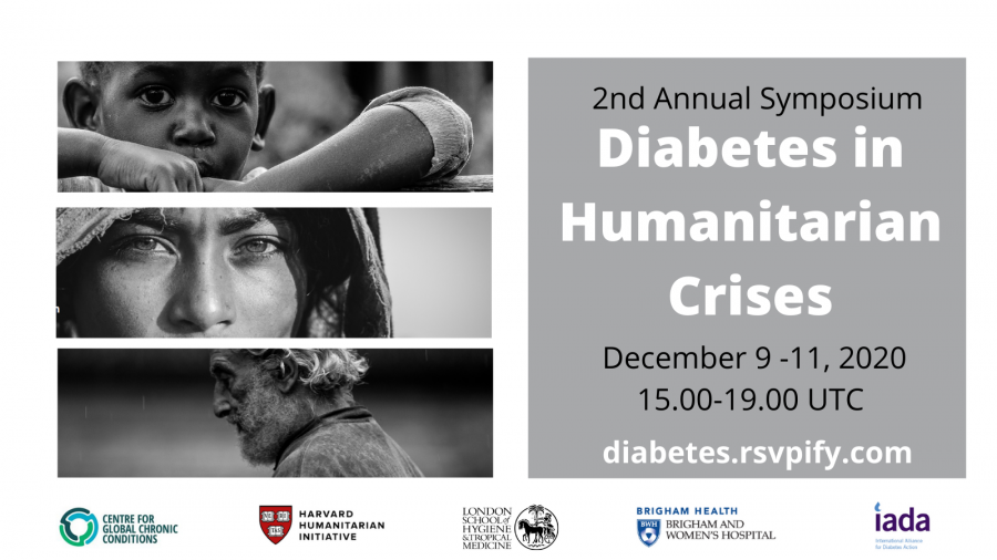 2nd Annual Symposium Diabetes in Humanitarian Crises flyer - it contains date and time of event (9 Dec, 3-7pm), as well as how to register (diabetes.rsvpify.com)