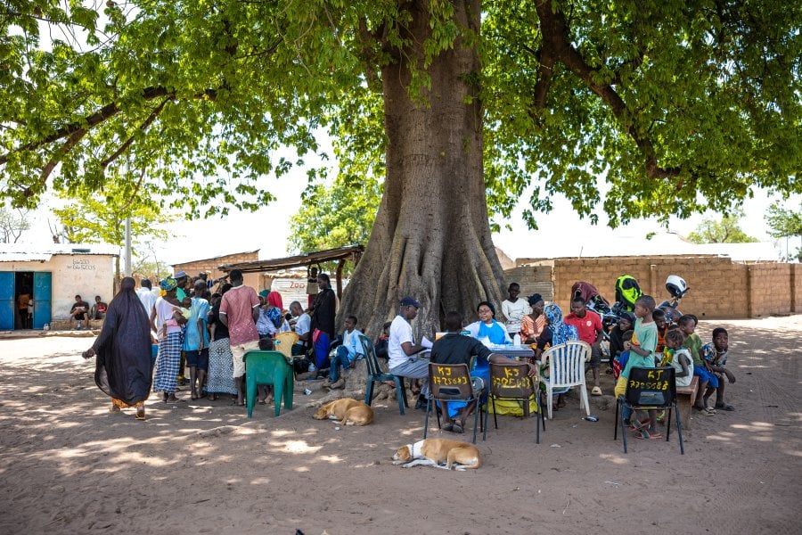 People gathering under a big tree in a local community