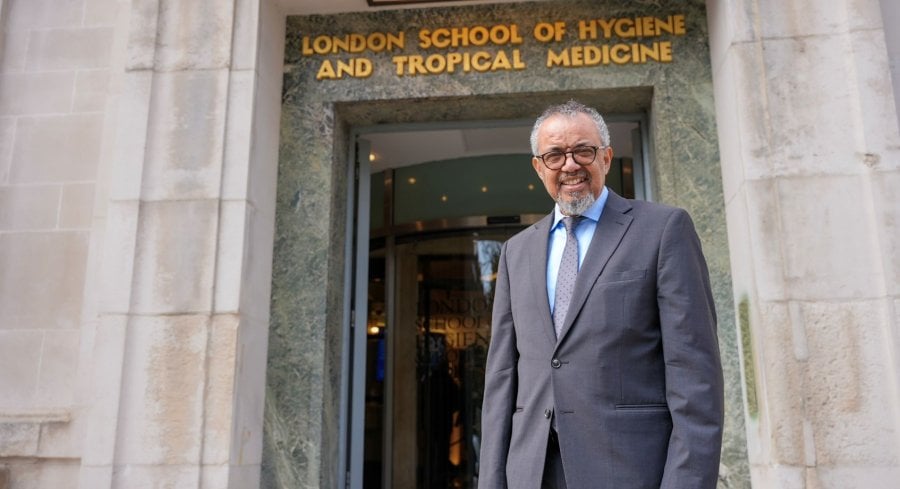 Director-General Dr Tedros in front of the LSHTM entrance