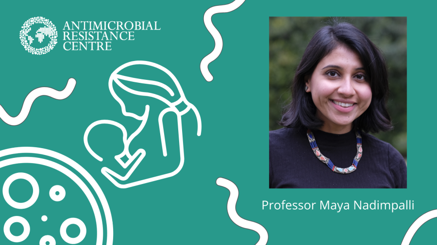 Portrait of Professor Maya Nadimpalli with graphic of breastfeeding mother