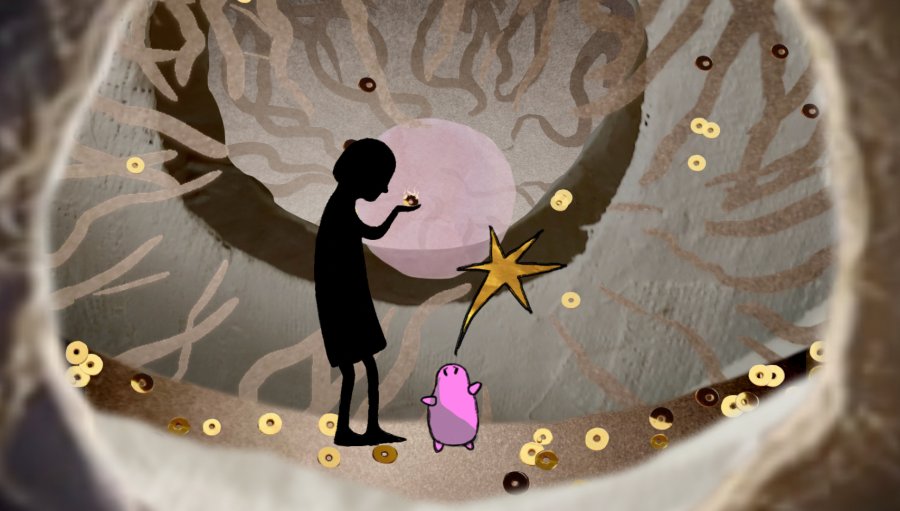 Illustration of a girl in silhouette standing in a tunnel with branches growing towards the middle. The girl looks at a glowing gold circle in her hand. Gold circles are falling down and scattered on the ground. A small, pink cartoon with a gold star above its head is looking up at the girl.