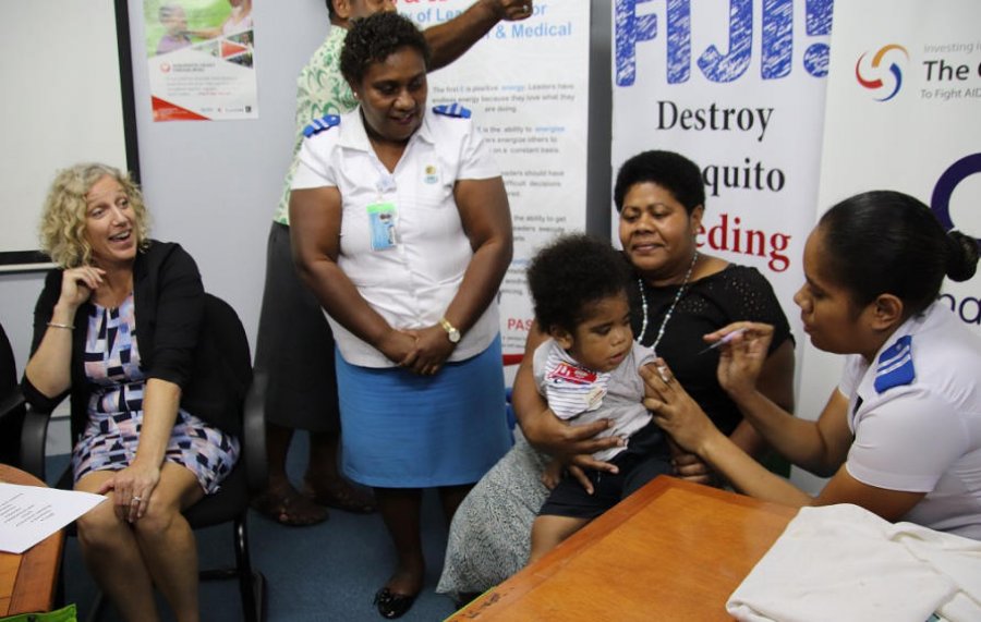 A child receiving the Pneumococcal conjugate vaccine in Fiji