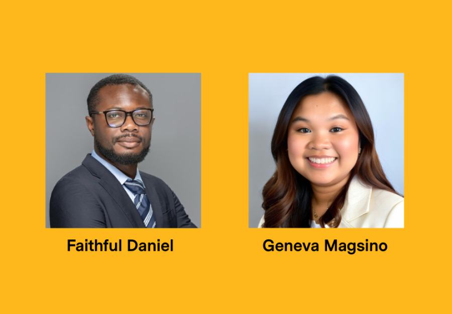 Headshots of a black man, Faithful Daniel, and an Asian woman, Geneva Magsino, on a yellow background.
