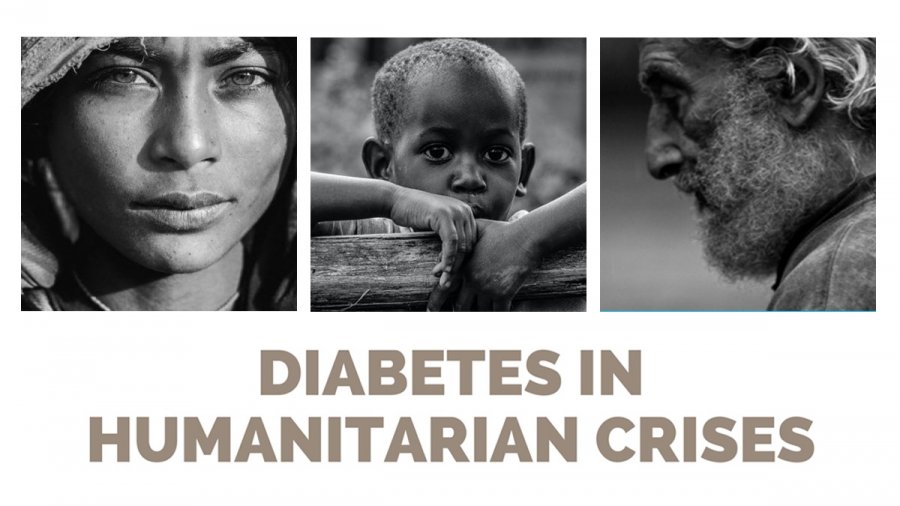 Three square images side by side in black and white showing a middle-aged person, a child, and an old man with a beard. Diabetes in Humanitarian Crises is written underneath. 