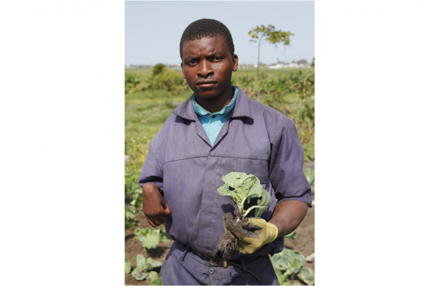 Disabled farmer, Moza holding a crop from his farm. Photo credit- Carlos Litulo.png