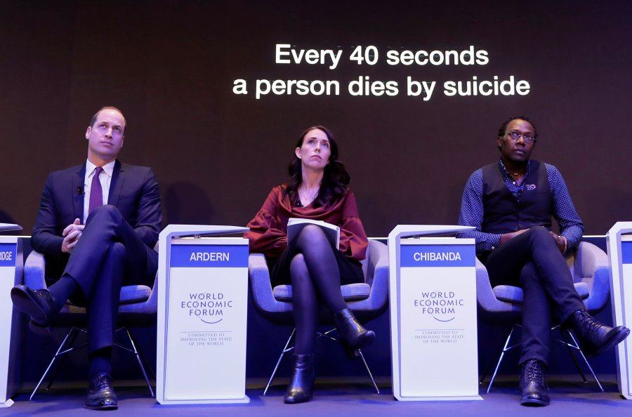 Prince William, Prime Minister of New Zealand Jacinda Ardern and Dixon Chibanda, take part in the "Mental Health Matters" panel discussion at the annual meeting of the World Economic Forum in Davos, Switzerland: Credit: Markus Schreiber / AP / Shutterstock