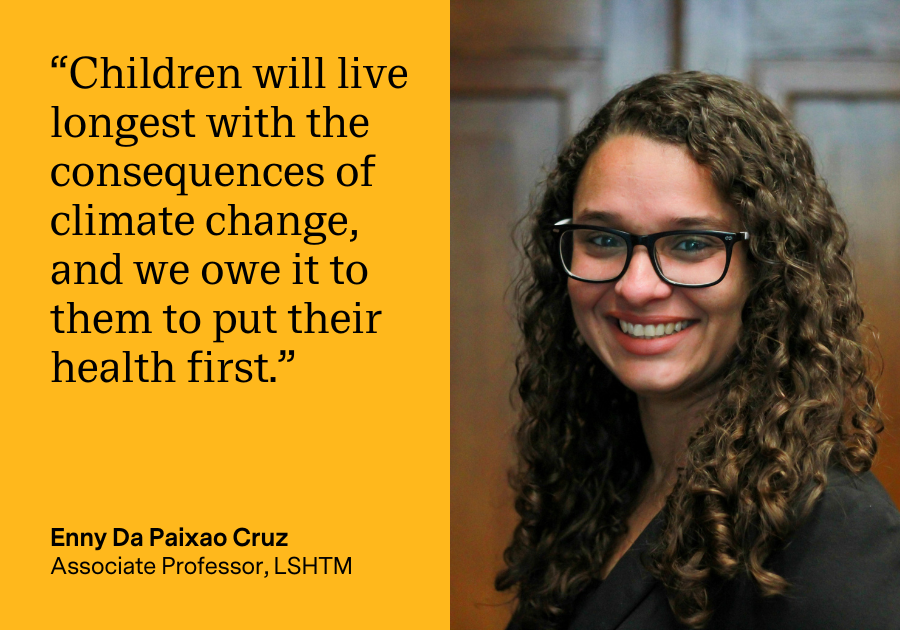 Quote written on a yellow background with a picture of Enny beside it that reads: "Children will live longest with the consequences of climate change, and we owe it to them to put their health first."