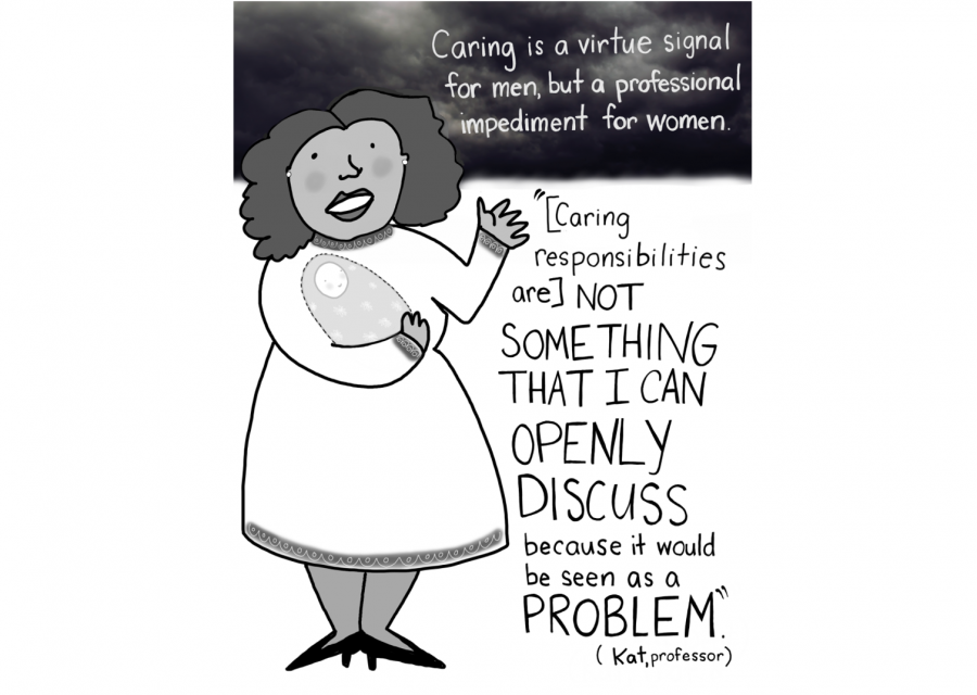 An illustration of a woman holding a baby with text: Caring is a virtue signal for men, but a professional impediment for women. Caring responsibilities are not something that I can openly discuss because it would be seen as a problem. (Kat, professor)