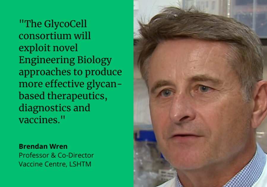 “The GlycoCell consortium will exploit novel Engineering Biology approaches to produce more effective glycan-based therapeutics, diagnostics and vaccines.” Brendan Wren, Professor & Co-Director, Vaccine Centre, LSHTM