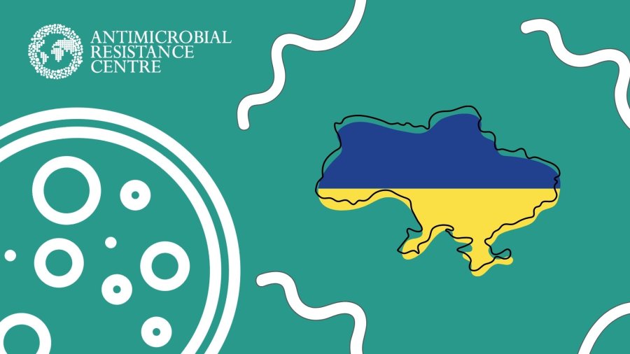 Graphic of the AMR Centre logo, including a map of Ukraine which has the Ukrainian flag overlaid