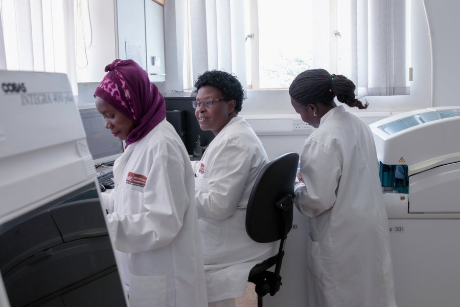 Researchers in a laboratory, MRC/UVRI & LSHTM Uganda Research Unit, Entebbe, Uganda