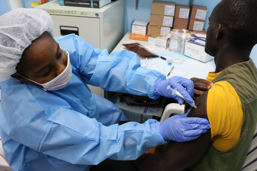 Study volunteer receives inoculation at Redemption Hospital in Monrovia on the opening day in Liberia of PREVAC, a Phase 2 Ebola vaccine trial in West Africa. Credit: NIAID