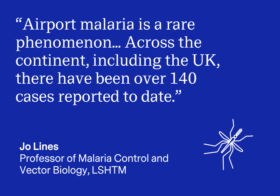 “Airport malaria is a rare phenomenon... Across the continent, including the UK, there have been over 140 cases reported to date." Jo Lines, Professor of Malaria Control and Vector Biology, LSHTM 