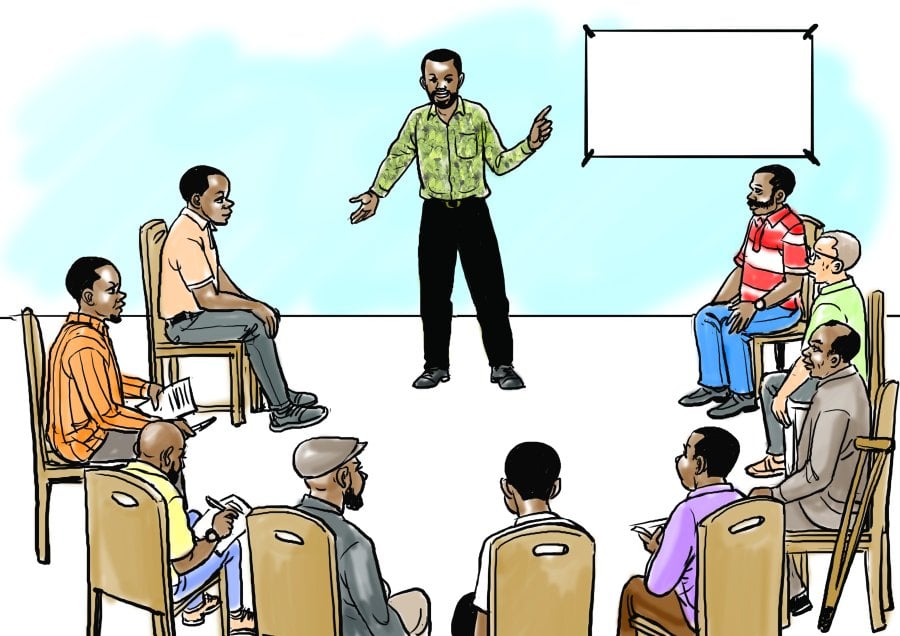 Illustration of a group of men sitting in a circle looking towards one man who is standing pointing at a blank screen on a wall