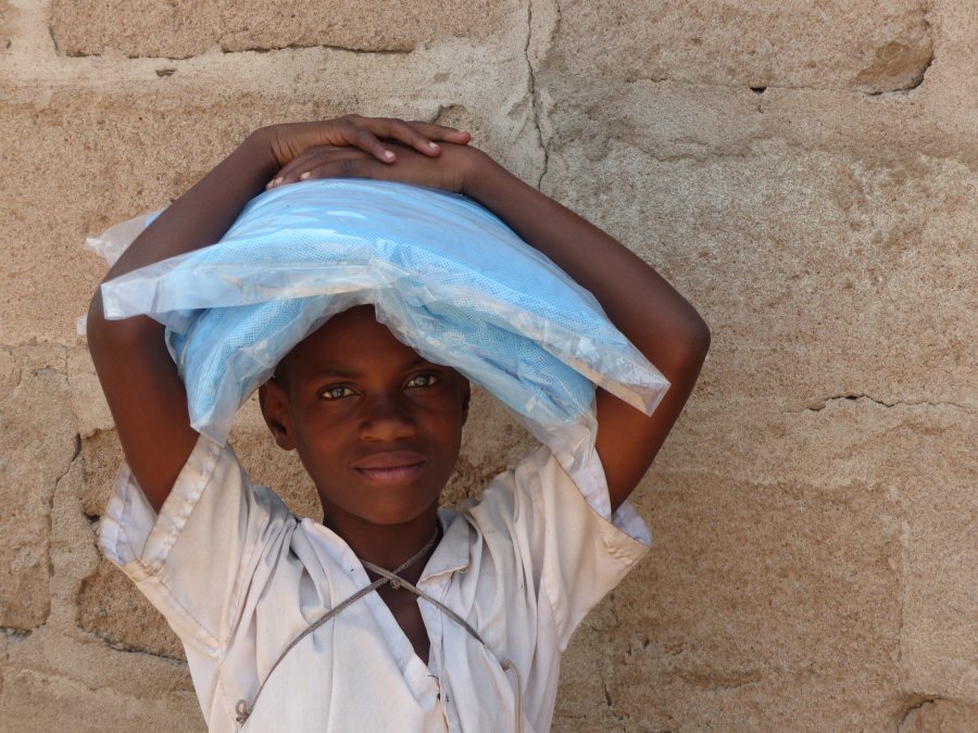 A young boy holding a long lasting insecticidal bed net