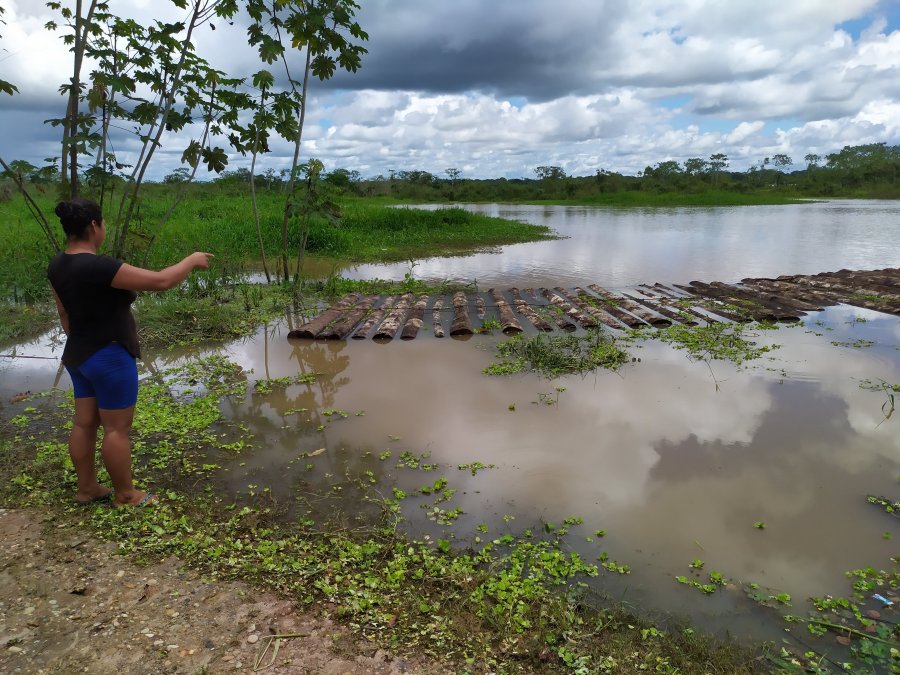 A woman from Ucayali points to logged trees in flooded area near her house