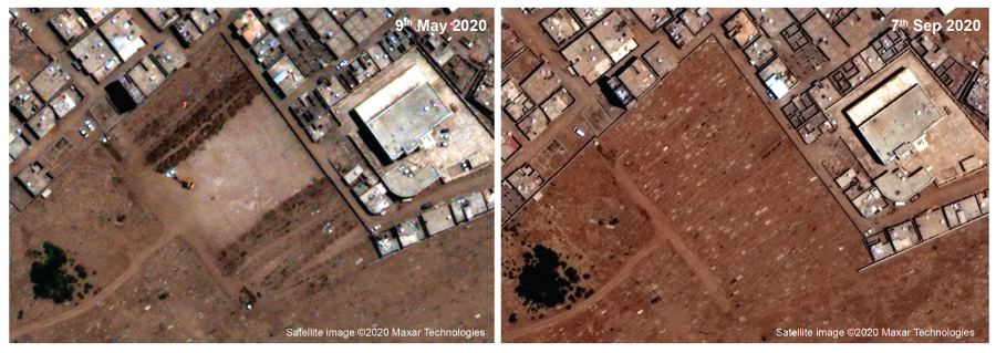 Caption: large change in burials at the Radwan cemetery between May and September 2020.Caption: Credit: Satellite image ©2020 Maxar Technologies.
