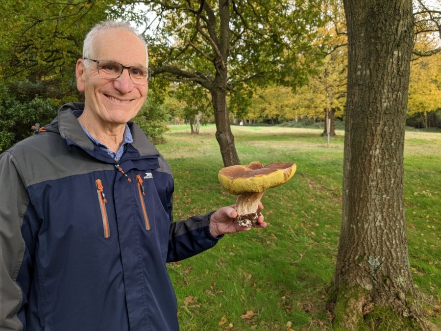 Image of a man standing in a park with trees and grass. He is wearing a blue and grey jack, and glasses, and holding a large mushroom in his hand outstretched.
