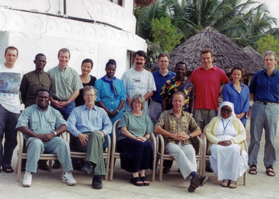 Back row L-R: Martin Holland (now prof at LSHTM), Unknown, Paul Emerson (now director, International Trachoma Initiative), Rosanna Peeling (LSHTM), Unknown, Robin Bailey (LSHTM), Matthew Burton (now prof at LSHTM), Patrick Massae, Anthony Solomon (now lead for trachoma elimination, WHO), Nicola Desmond, Neal Alexander (LSHTM)  Front row L-R: Unknown, Gordon Johnson (Inst. of Ophthalmology), Sheila West (Johns Hopkins), David Mabey, Sister in charge.