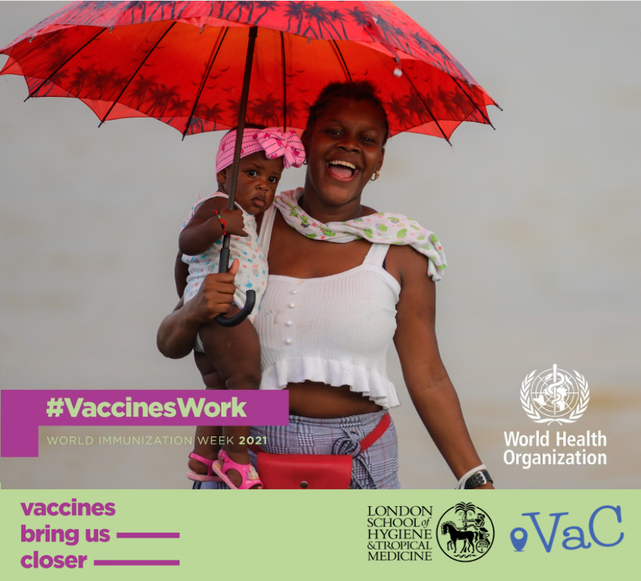 WHO World Immunisation Week 2021 campaign poster depicting a woman carrying her child. The poster also portrays this year's theme - "Vaccines bring us closer".