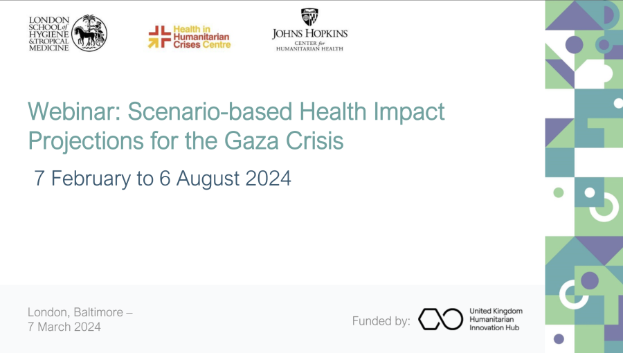 Title slide for the webinar on Scenario-based health impact projections for the Gaza crisis
