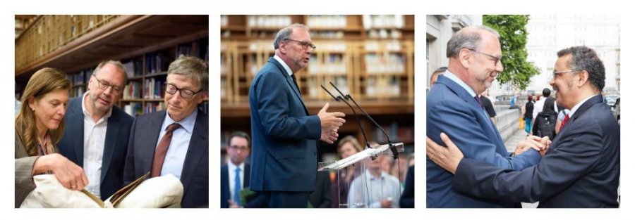 Professor Peter Piot and Dr Heidi Larson  discuss archive material with Bill Gates; Professor Peter Piot  addresses guests  at LSHTM’s 120th  anniversary reception; Professor Peter Piot and Dr Tedros Adhanom Ghebreyesus
