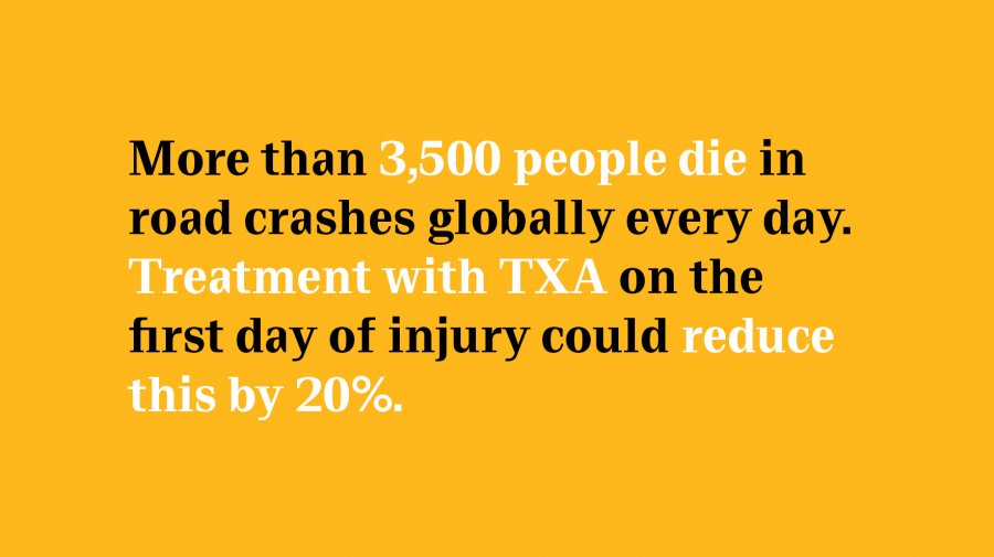 Infographic: More than 3,500 people die in road crashes globally every day. Treatment with TXA on the first day of injury could reduce this by 20%.