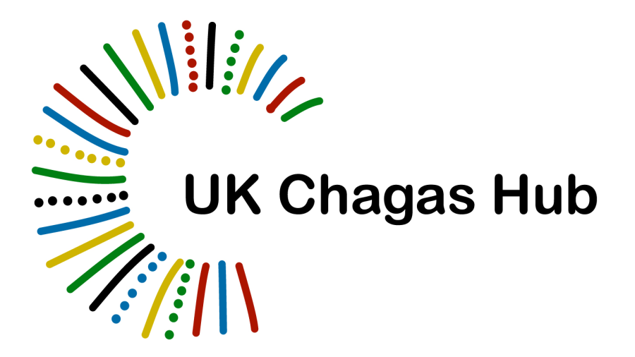 The words UK Chagas hub, with red blue and yellow lines radiating out from UK