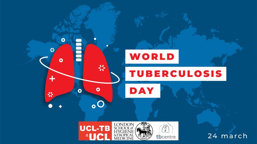 World TB Day digital banner - image includes digital illustration of lungs acompanied by a text "World Tuberculosis Day". Also included in the banner is the collaborators logo, UCL-TB and LSHTM TB Centre