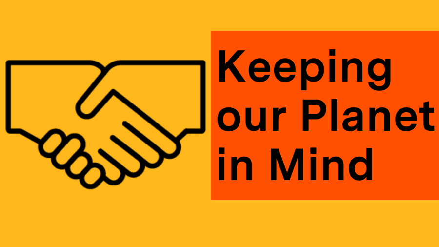 Graphic featuring handshakes icon with a text "keeping our planet in mind"
