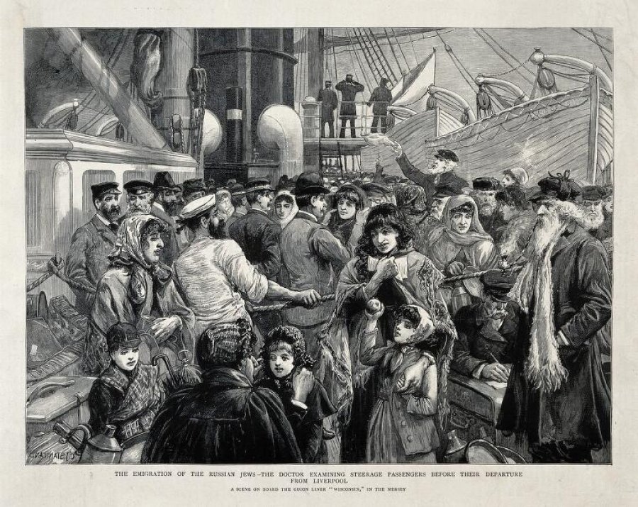 Russian Jews being examined by a doctor before emigration from Liverpool to the United States. Wood engraving after C.J. Staniland, 1891.. Credit: Wellcome Collection. Public Domain Mark