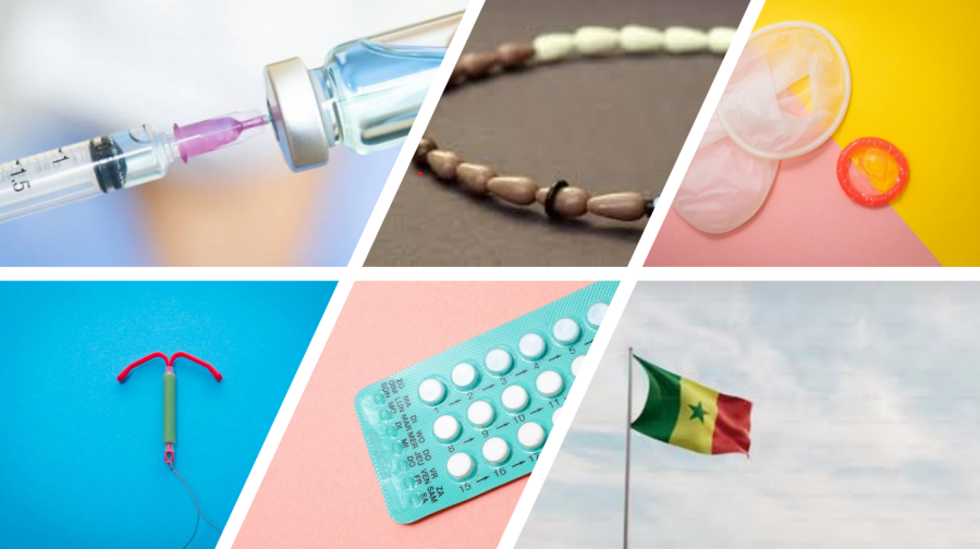 A collated picture with different family planning methods and the flag of Senegal