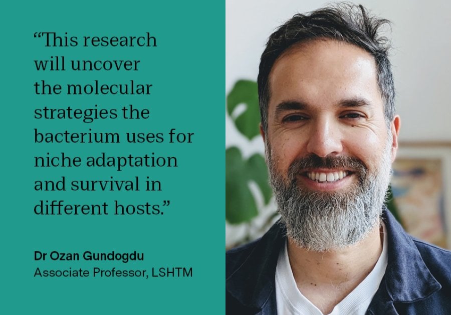 Quote saying: "This research will uncover the molecular strategies the bacterium uses for niche adaptation and survival in different hosts." Ozan Gundgodu, Associate Professor, LSHTM