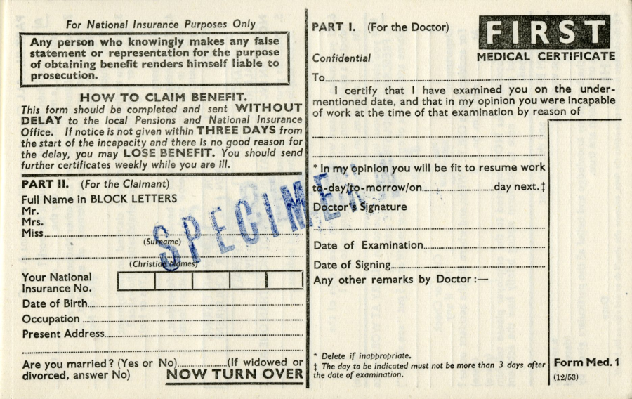 A medical certificate from the Ministry of National Insurance, stamped ‘specimen’, dated 1953 