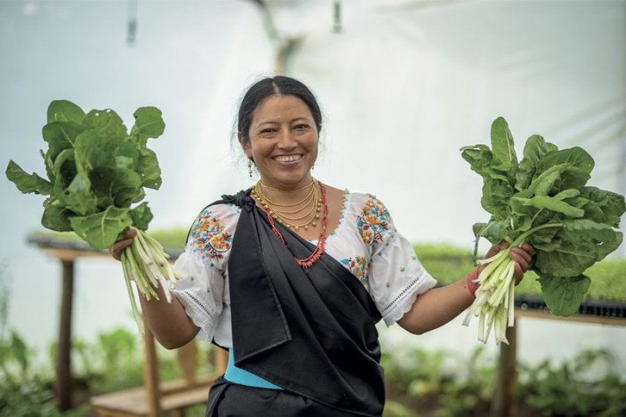 A south American women stands on a crop patch and holds up two bunches of leaves, smiling