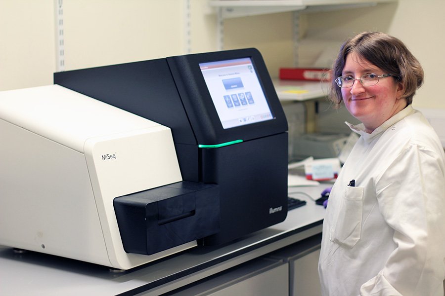 Dr Elizabeth Atkins, Postdoctoral Research Fellow, using MiSeq for whole genome sequencing