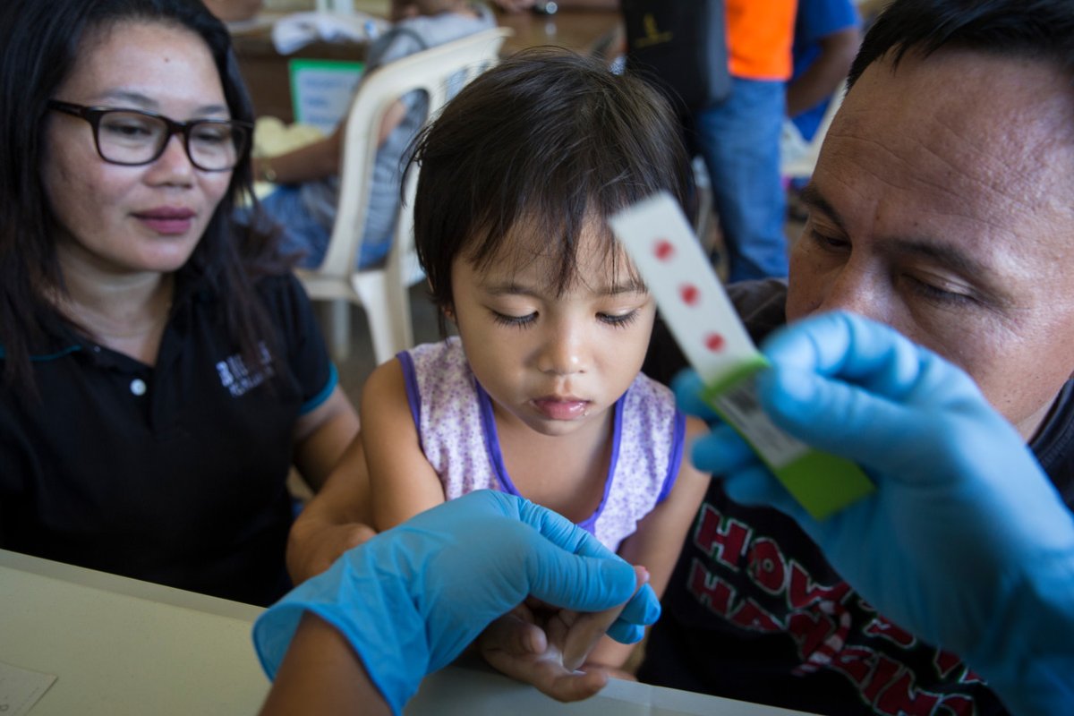 ENSURE project's stakeholder councillor Nomena Saibodin looks on as a blood sample is taken to test for malaria in Philippines. Credit: Joshua Paul/LSHTM