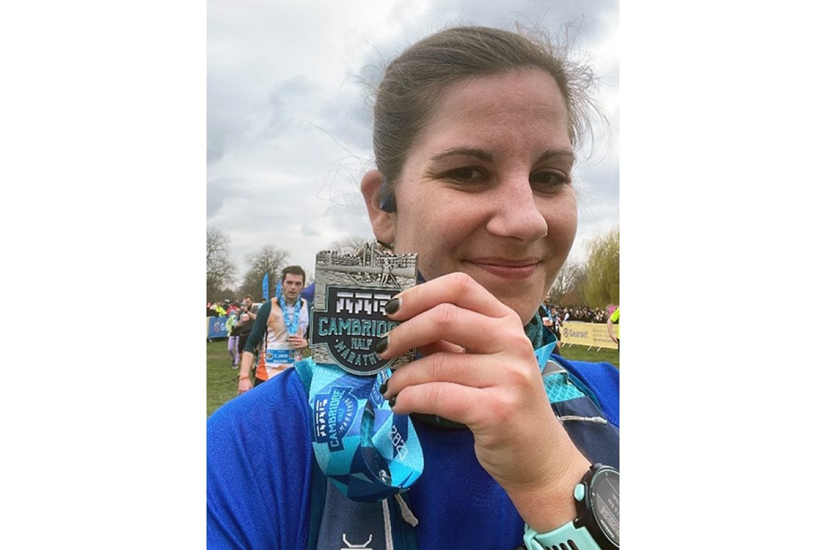 Celine Ophelders, LSHTM's Philanthropy Manager, with her finisher's medal