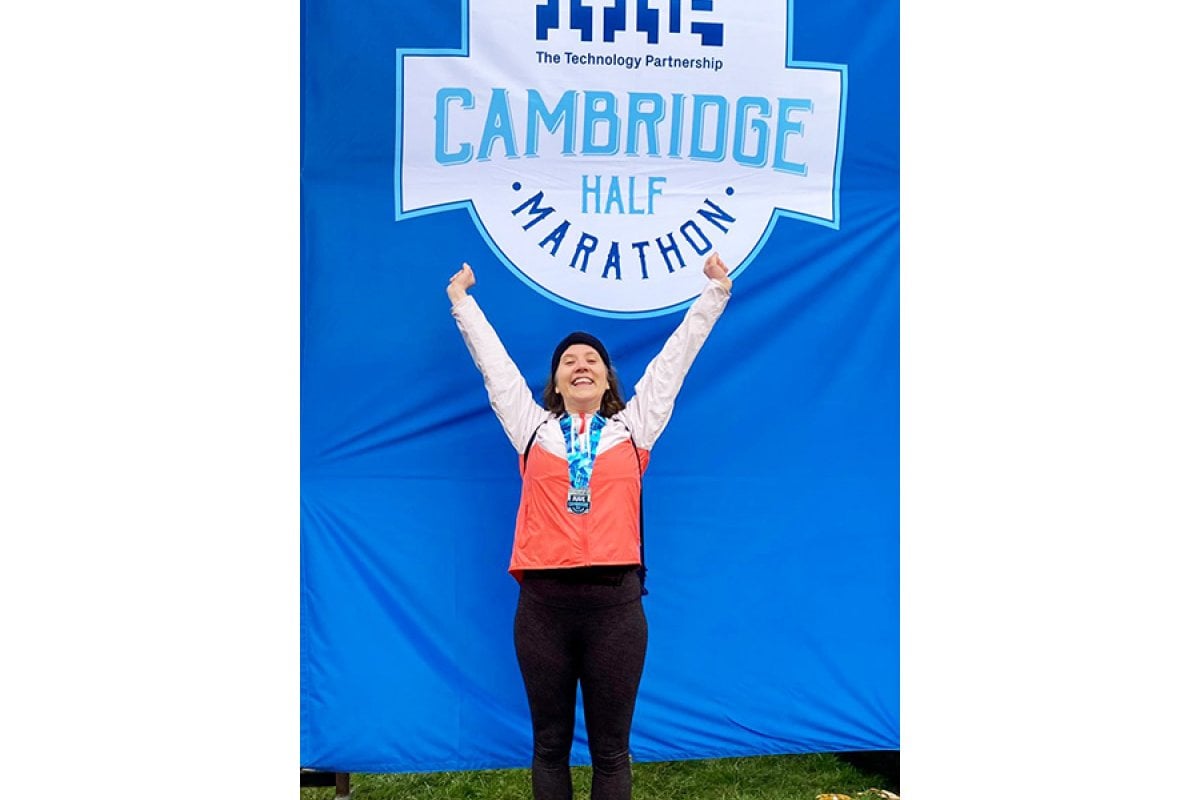 MSc student Georgia Behrens (also a Student Caller for LSHTM) at the finish line
