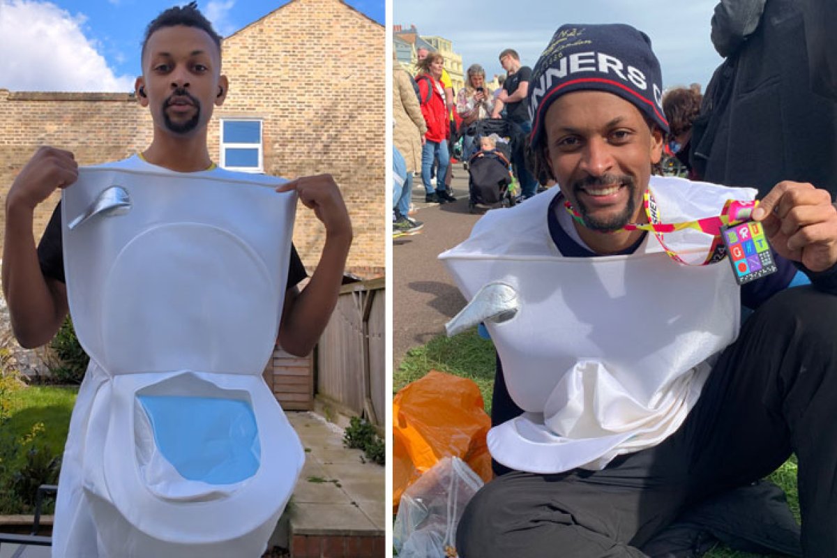 Abi Sakande dressed as a toilet before and after the Brighton Marathon in April 2024.